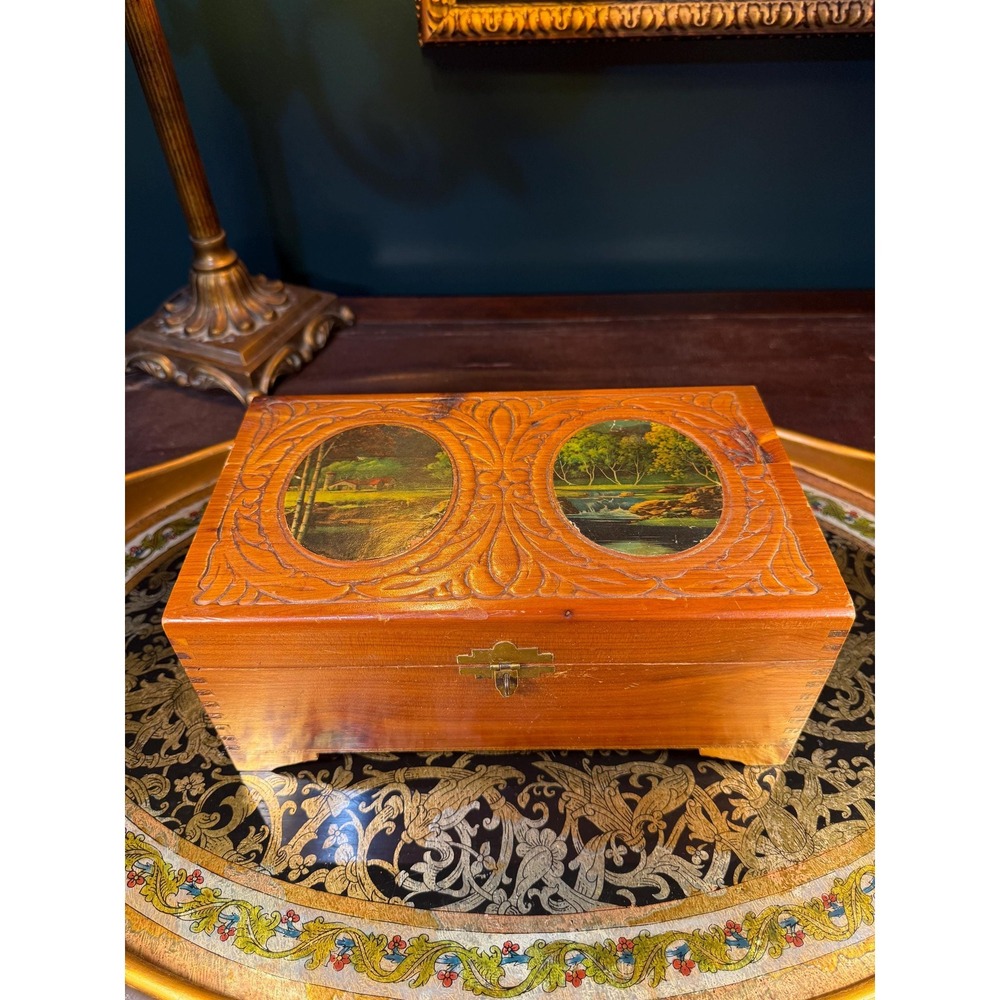 1950s Cedar Vanity Box with‎ Mirror and Carved Scenic Lid – Keepsake Box